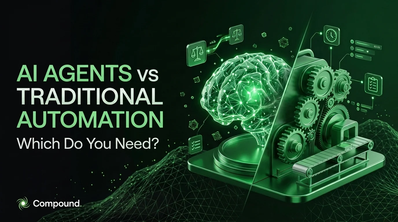 AI agents vs traditional automation: a glowing green wireframe brain on one side of a split pedestal and a machine of interlocking gears and a conveyor belt on the other, ringed by icons for scales, a clock and a checklist