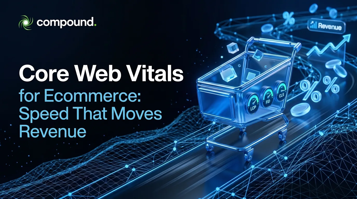 Core Web Vitals for ecommerce — a glass shopping trolley speeding along a data track with LCP, FID and CLS gauges on its side, coins and a rising revenue arrow trailing behind it