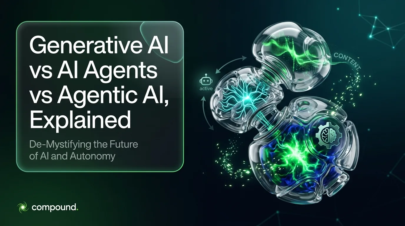 Generative AI vs AI agents vs agentic AI — three connected glass chambers, one producing content, one showing an active agent, one running a reasoning engine, linked by arrows to show how each layer builds on the last