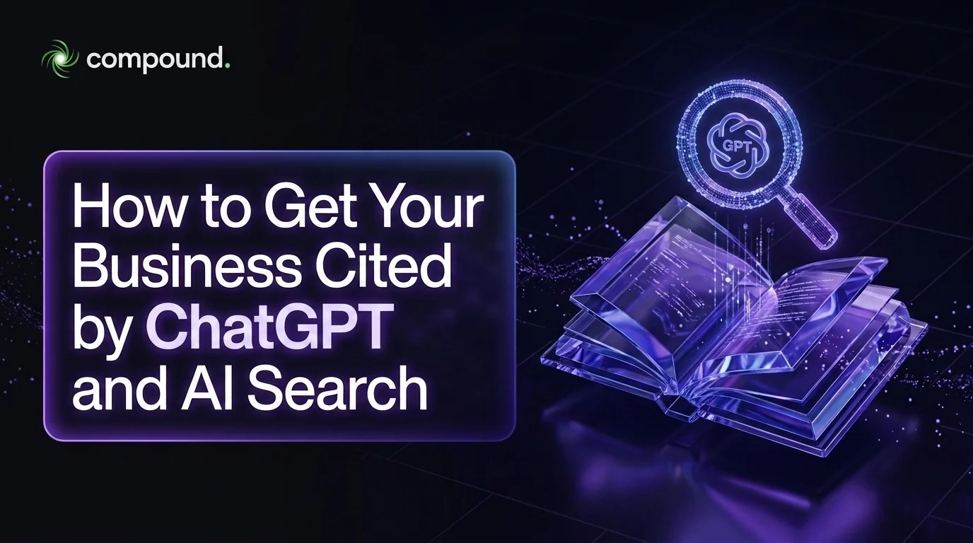 How to get your business cited by ChatGPT and AI search: an open glass book of code lit from within, with a magnifying glass carrying the ChatGPT mark hovering over the page