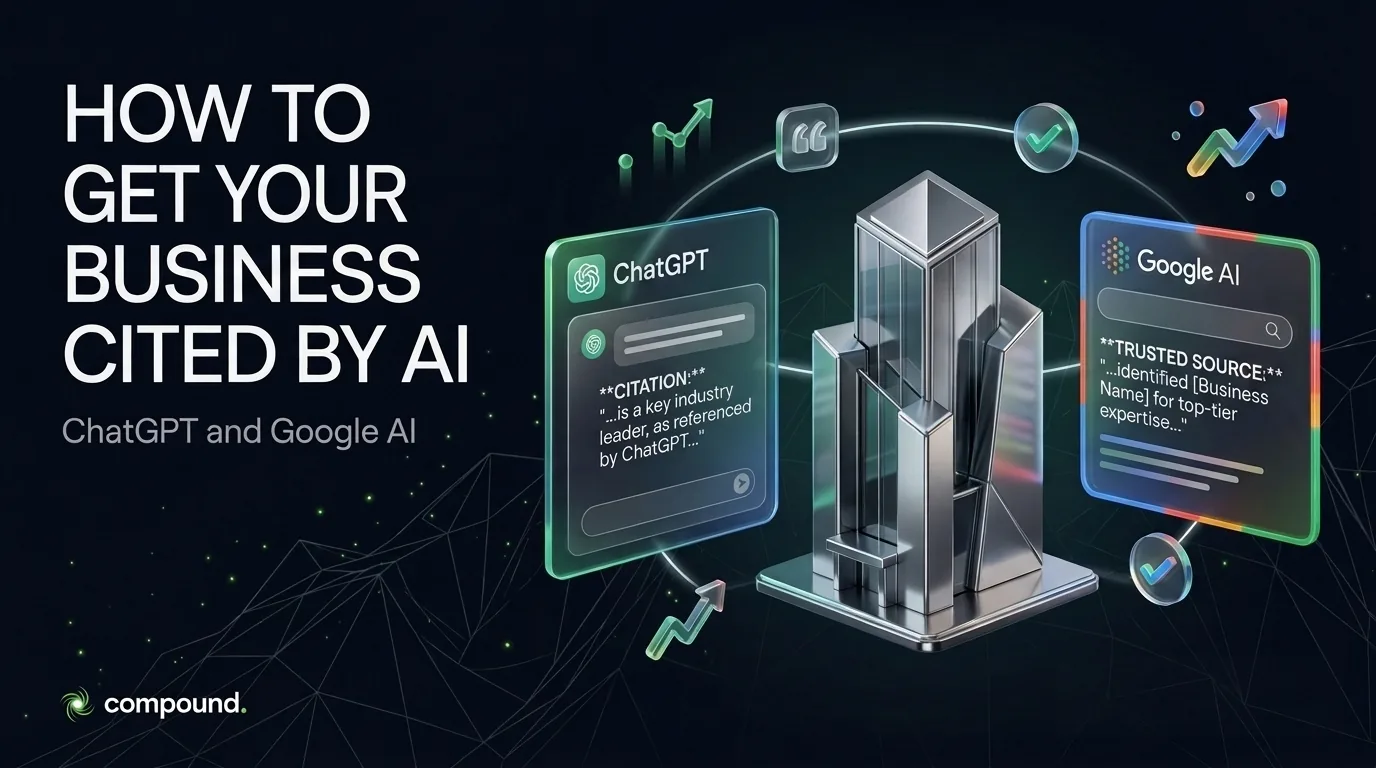 How to get your business cited by ChatGPT and Google AI — a business tower flanked by ChatGPT and Google AI citation panels